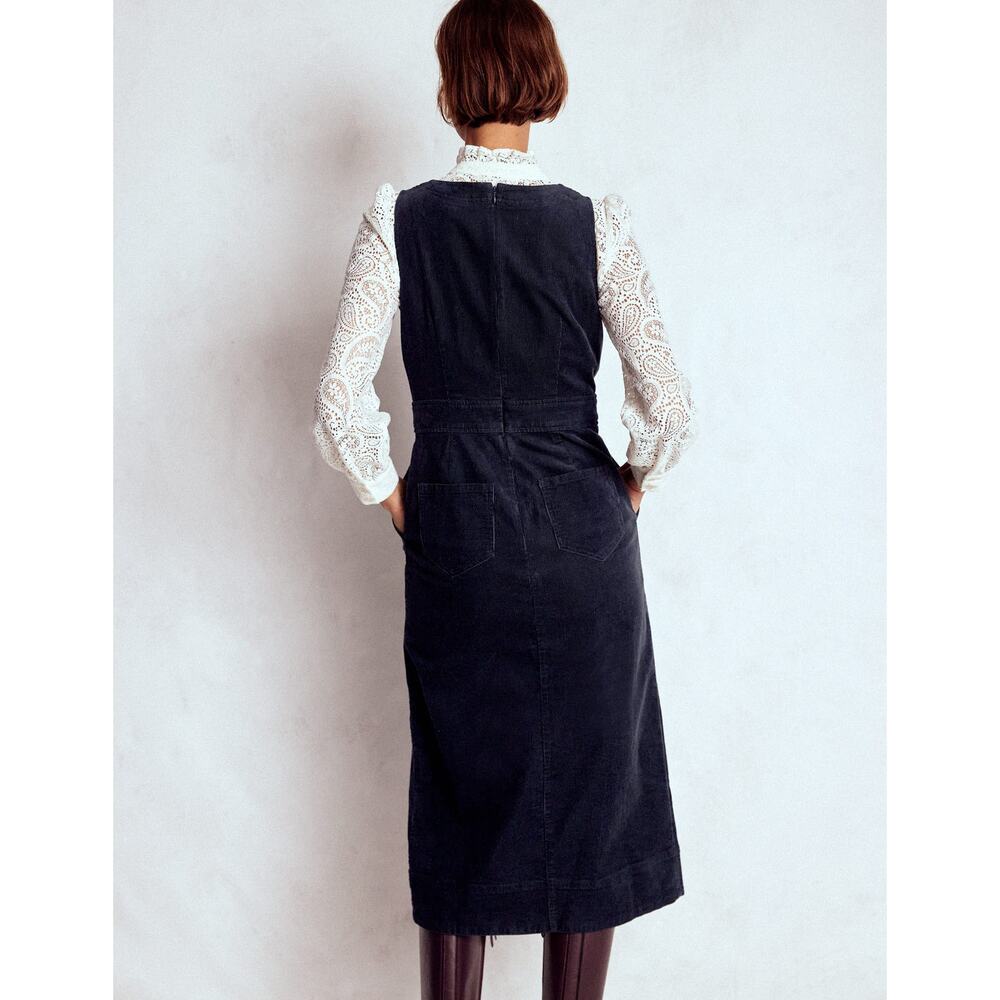 Boden Navy Midi Pinafore Dress with White Lace Sleeve Top - Picture 5 of 10